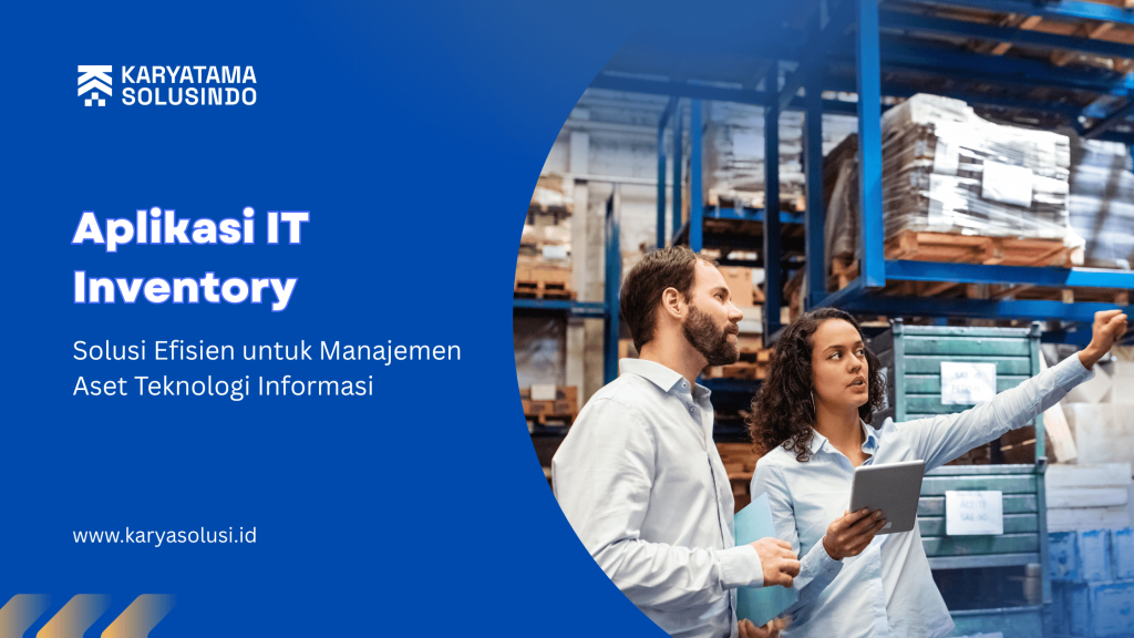 Ilustrasi aplikasi IT inventory untuk solusi manajemen aset teknologi informasi dengan dashboard real-time, pelacakan otomatis aset TI, dan integrasi sistem ERP.
